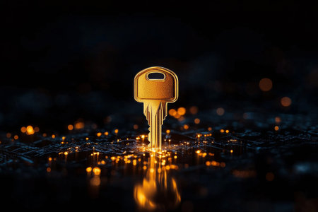 A golden key stands upright on a dark surface illuminated by shimmering light particles. The atmosphere captures a blend of mystery and elegance, attracting attention to the key.の素材