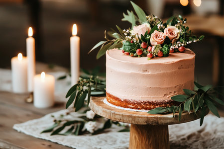 A beautifully decorated cake sits on a wooden stand surrounded by candles and greenery. Roses and berries enhance its elegance, creating a warm atmosphere for the celebration.の素材
