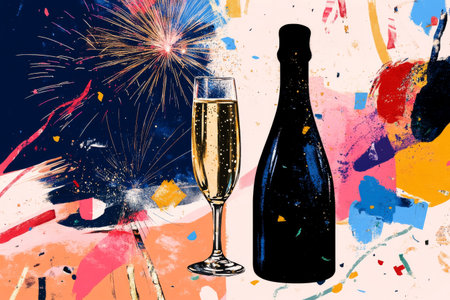 A glass of sparkling drink stands next to a bottle against a colorful backdrop celebrating a festive occasion with fireworks and confetti. A joyful atmosphere emerges.の素材