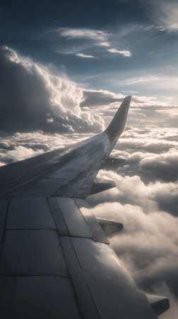 An airplane wing is visible as it soars above thick clouds during sunset. The colorful sky is filled with dark, billowing clouds and soft light, creating a breathtaking atmosphere.の素材