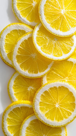 Fresh lemon slices are neatly arranged in a bright and vibrant display on a white kitchen countertop, highlighting their juicy texture and sunny color.の素材
