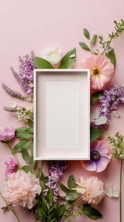 A beautiful arrangement of various flowers surrounds a white frame on a soft pink background, creating an inviting atmosphere for design projects or artistic displays.の素材