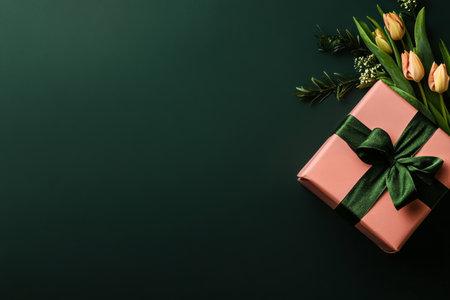 A beautifully wrapped pink gift box with a green ribbon sits alongside a bouquet of pink tulips and greenery on a dark textured surface, perfect for celebrations.の素材