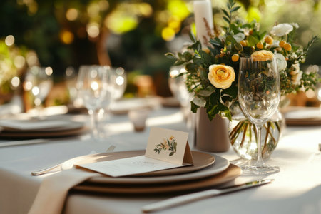 A beautifully arranged table displays fine dinnerware and crystal glasses under soft sunlight in a serene garden. Lovely flowers add charm to the inviting atmosphere.の素材