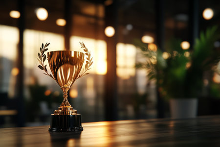 A golden trophy featuring laurel leaves stands on a wooden table. The setting is a modern space with sunlight streaming through large windows and plants in the background.の素材