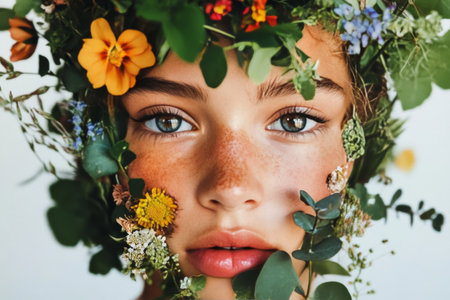 A young girl with striking freckles poses with an artistic arrangement of vibrant flowers and greenery framing her face. The portrait captures the essence of natures beauty.の素材