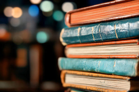 Stacked vintage books in varying shades of green and brown fill a wooden shelf, illuminated by soft, out-of-focus lights creating a warm, inviting atmosphere in a library.の素材