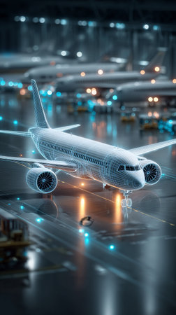 Bright lights illuminate a modern aircraft on the tarmac at dusk. Ground crew members prepare for departure amidst technology-inspired effects and reflections.の素材