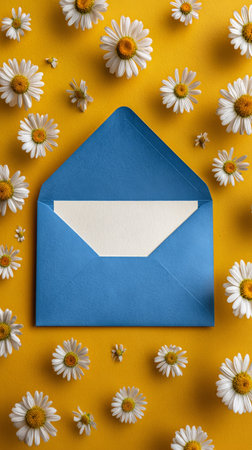 Bright yellow background features a blue envelope partially open, surrounded by fresh daisies. This setting evokes feelings of joy and anticipation for heartfelt messages and surprises.の素材