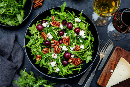 A vibrant salad is served in a wooden bowl, featuring fresh arugula, grapes, and pecans, arranged beautifully with a spoon resting inside. The rustic setting enhances its appeal.の素材