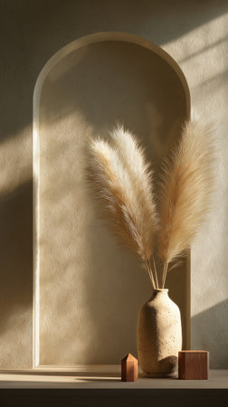 A stylish arrangement of pampas grass in a light-colored vase sits on a table, casting soft shadows against a textured wall. The neutral tones create a calming atmosphere.の素材