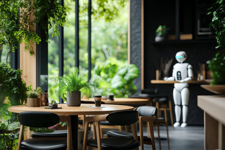 Guests enjoy their meals in a contemporary dining area, where a robotic waiter serves food amidst greenery and stylish decor. The atmosphere is lively and inviting.の素材