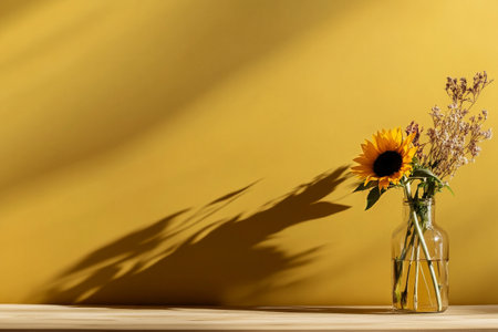 Bright sunflower and delicate dried flowers arranged in a clear vase sit on a wooden surface, casting shadows on a warm yellow wall, creating a cheerful and inviting atmosphere.の素材