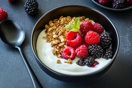 A delicious bowl features creamy yogurt topped with ripe raspberries, blackberries, and crunchy granola, perfect for a nutritious breakfast or anytime snack.の素材