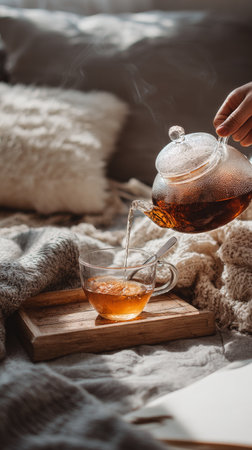 A person pours steaming tea from a glass teapot into a clear cup on a wooden tray. Soft blankets and pillows create a warm and inviting atmosphere.の素材