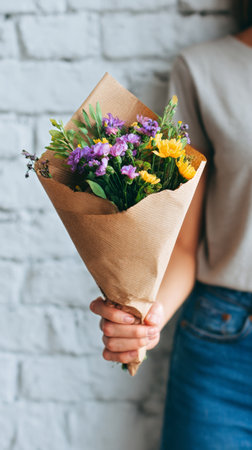 A person presents a vibrant bouquet featuring purple and yellow flowers.の素材