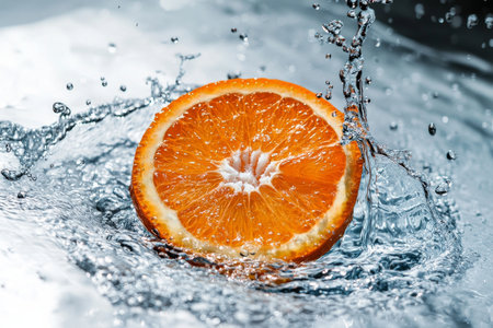 A fresh orange slice drops into water, creating dynamic splashes. The scene captures the fruits vibrant color and the refreshing quality of water during daylight.の素材