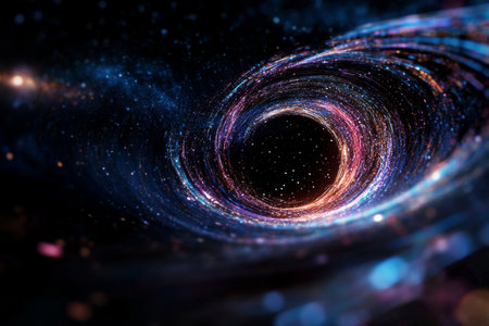 This captivating view showcases a black hole at the center, with vibrant streams of light and energy spiraling around it, creating a mesmerizing cosmic display in deep space.の素材