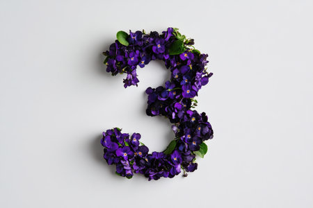 A creative arrangement of vibrant purple flowers forms the shape of the number three. The flowers are placed on a clean white surface, reflecting artistry and floral design.の素材