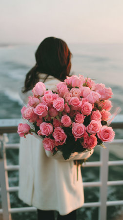 A woman stands by the seaside, holding a massive bouquet of pink roses. The sun sets in the background, casting a warm glow over the scene, creating a romantic atmosphere.の素材