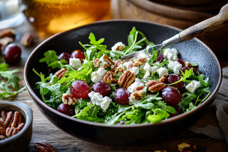 A vibrant salad is served in a wooden bowl, featuring fresh arugula, grapes, and pecans, arranged beautifully with a spoon resting inside. The rustic setting enhances its appeal.の素材