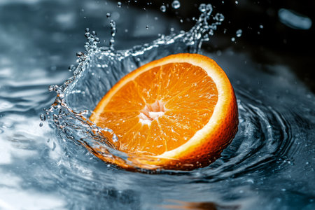 An orange slice is dropped into clear water, causing bubbles and splashes to erupt around it. The vibrant fruit contrasts against the fluid backdrop.の素材