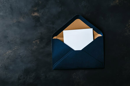 A navy envelope is partially opened, revealing a blank white card inside, resting on a black surface, creating a clean and modern aesthetic.の素材