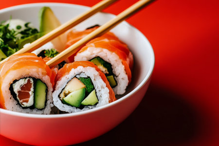 Fresh sushi rolls featuring salmon, cucumber, and avocado are beautifully arranged in a bowl, accompanied by fresh greens and garnishes, creating an appealing dining experience.の素材