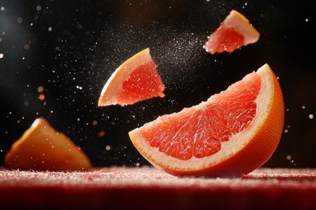 Slices of grapefruit are airborne, surrounded by a cloud of sugar, creating a dynamic and lively atmosphere in a kitchen during a bright morning.の素材