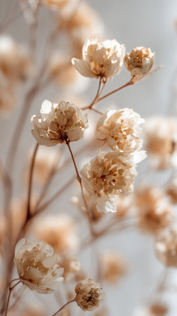 Delicate dried flowers arranged in a minimalist style provide a calming ambiance, showing their natural beauty in soft natural light.の素材