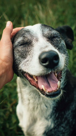 A joyful dog is receiving a gentle pet on its head in a lush green field. Its eyes are closed in bliss, showcasing its happiness in the warm sunlight.の素材