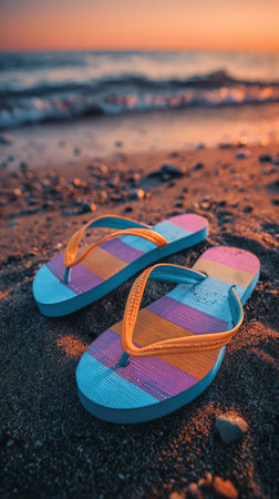 Brightly striped flip flops sit on the wet sand among pebbles as the sun sets over the ocean, casting warm hues across the sky and water with calming waves nearby.の素材