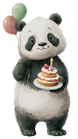 This adorable panda holds a delicious cake topped with a candle and balloons, capturing the spirit of a cheerful birthday celebration with vibrant colors.の素材