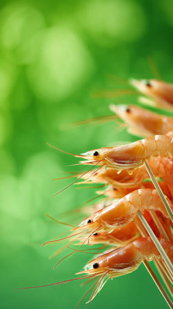 Vibrant shrimp are displayed on skewers, highlighting their natural colors and fine details. The skewered seafood rests against a lush green background, suggesting freshness.の素材
