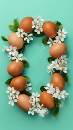 Brown eggs are creatively arranged in a circle alongside white flowers and green leaves on a bright turquoise background, symbolizing spring and new beginnings.の素材
