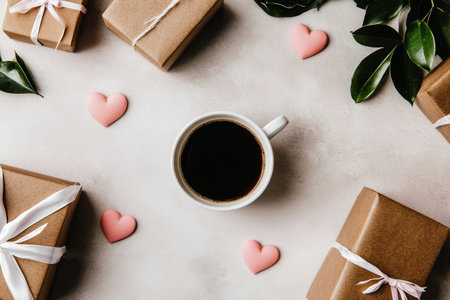 A cup of warm coffee rests on a brown table next to two small wrapped gifts and a few heart-shaped treats, creating a cozy and inviting atmosphere.の素材