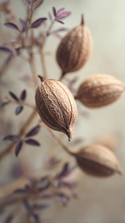 Intriguing seed pods hang on an elegant branch, showing intricate textures and muted colors. The gentle natural light highlights their unique features and creates a serene atmosphere.の素材