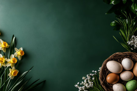 Spring flowers and decorative Easter eggs in a basket are artfully arranged on a rich green backdrop, symbolizing the joy of the season and festive celebrations.の素材