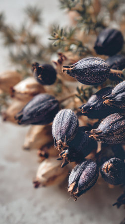 Close-up view of dried seed pods in shades of brown and black arranged artistically with a soft background, highlighting their interesting shapes and textures.の素材
