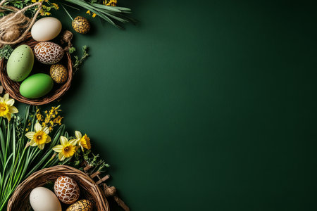 A basket filled with decorated eggs rests among vibrant spring flowers and lush greenery. The arrangement gives a festive feel, celebrating the arrival of spring.の素材