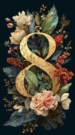 A striking display of the number 8 crafted from gold, entwined with colorful flowers and lush leaves, creating a captivating and artistic composition suitable for various occasions.の素材