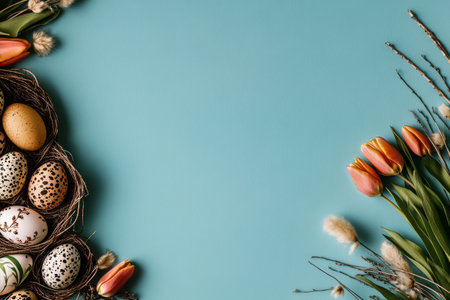 Colorful tulips and decorative eggs arranged on a blue surface create a festive atmosphere for Easter. Delicate flowers enhance the cheerful spring vibe of the display.の素材