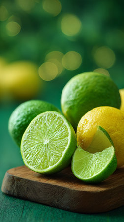 Bright green limes and a yellow lemon are arranged on a wooden cutting board. One lime is sliced open, revealing its juicy interior, set against a soft bokeh backdrop.の素材