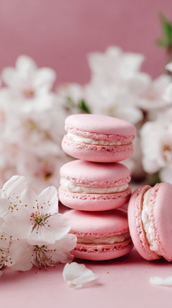 Three pink macarons are arranged beautifully with white flowers on a soft pink surface, creating a serene and elegant display that delights the feelings.の素材