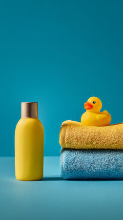 A yellow shampoo bottle and a rubber duck are placed on stacked towels against a vibrant blue background. The setting is cheerful and perfect for a bathroom decor.の素材