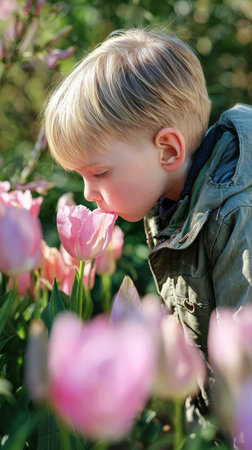 A young boy leans close to pink tulips, deeply inhaling their floral scent. The garden is full of blooming flowers, showing the beauty of spring.の素材