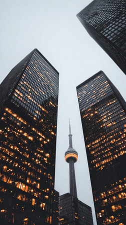 Skyscrapers towards reach the cloudy sky, their windows aglow as the CN Tower stands prominently at the center of Torontos urban landscape during twilight hours.の素材