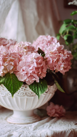 A bouquet of soft pink hydrangeas is arranged in an elegant ceramic vase. Natural light illuminates the delicate flowers, creating a serene atmosphere in a cozy setting.の素材