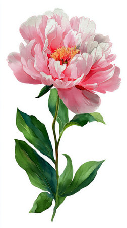 A vibrant pink peony blossom displays its layers of petals while standing tall with lush green leaves. This flower radiates beauty and elegance in its natural form.の素材