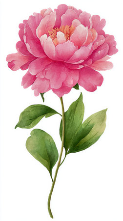A stunning pink peony flower stands tall, showing its lush petals and vibrant colors. Green leaves complement the blossom, creating a fresh and lively appearance.の素材